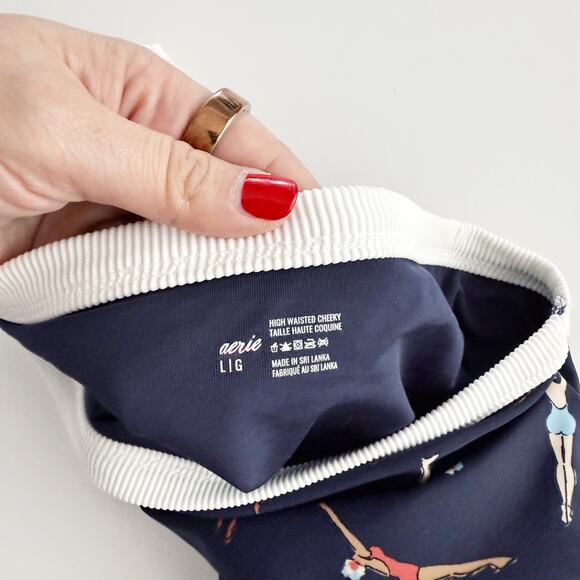 [Aerie] Blue Swimmers Diver Print High Waisted Cheeky Bikini Bottoms Sz Large L - Picture 9 of 10